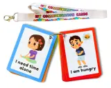 Carte per comunicare bisogni, utili per un bambino autistico non verbale. Mostrano "I need time alone" e "I am hungry".