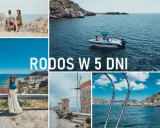 Rodos atrakcje: para na skałach, łódź na morzu, widok na Lindos, wiatraki, kąpiel w morzu.