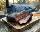 Perfekter Brisket Smoker-Duft liegt in der Luft. Ein saftiges, geräuchertes Brisket ruht auf einem Holzbrett, bereit zum Servieren.