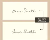 Due firme "Jane Smith" a confronto, con una freccia che indica "trova segni di falsificazione". La grafologia ne svela il significato.