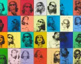 Andy Warhol pop art painting featuring a woman in sunglasses repeated in a grid of vibrant, contrasting colors.