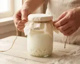 Hände binden ein Tuch mit Schnur um ein Glas mit Kefir-Körnern und Milch. So einfach kann man Kefir selber machen.