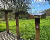 Des jumelles d'observation dans un parc, une affiche "Sens dessus dessous" et une autre "Zoorama". Un cerf et un sanglier sont visibles dans le paysage.