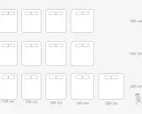 Diagrama de camas de cuerpo y medio con medidas de 135, 150, 160, 180 y 200 cm de ancho.