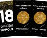 Złote karty z zadaniami na 18 urodziny: "Pijesz bez użycia rąk" i "Nakarm ciastem wybraną osobę". Udanej zabawy!
