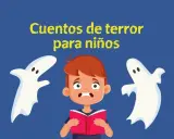 Un niño asustado lee un libro de cuentos de terror para niños, rodeado de fantasmas juguetones.