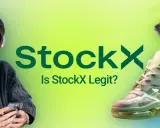 Dziewczyna w słuchawkach sprawdza na telefonie, czy StockX jest legit. Obok logo StockX widnieją dwa modele butów.