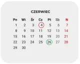 Kalendarz Czerwiec 2026. 26 czerwca zaznaczone zieloną obwódką, symbolizujące zakończenie roku szkolnego 2026.