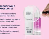 Lente d'ingrandimento su ingredienti di cosmetici fermentati, evidenziando la trasparenza e la scelta consapevole.