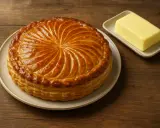 Une belle galette frangipane noisette dorée, prête à être dégustée, avec une plaquette de beurre à côté.