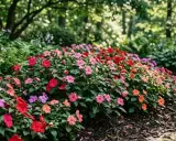 A vibrant bed of growing impatiens in shades of pink, red, and orange blooms along a stone path, nestled amongst lush green foliage and trees.