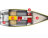 Vue aérienne du first class 8 intérieur : cabine (1), couchettes (2), table (3), cuisine (4) et cockpit (5).