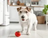 Uroczy piesek w kuchni zastanawia się, czy pies może jeść pomidory. Obok niego leży czerwony pomidor.