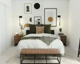 Dormitorio moderno con cama, arte abstracto y espejos en el dormitorio bien situados que amplían el espacio.