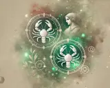 Dwa symbole zodiaku Rak, jeden z zieloną obwódką, a drugi z szarą. Obok profil kobiety i symbol Panny.