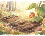 Un huerto soleado con plantones listos para sembrar. ¡Es el momento perfecto para saber qué plantar en abril y ver crecer un tomate sonriente!