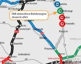 Mapa drogowa z zaznaczoną trasą S61 i DK8 obwodnicą Białobrzegów. Widoczne miejscowości: Augustów, Ełk, Białystok, Łomża. Trasa Zambrów jest częścią tej sieci.