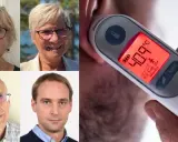 Kan man få feber av stress? Fyra porträtt av äldre personer och en närbild på en termometer som visar 40.9°C.