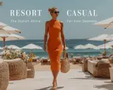 A woman walks on a beach path in a vibrant orange dress, showcasing resort casual attire. Umbrellas and lounge chairs dot the sandy shore.