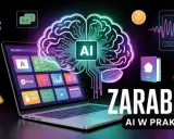 AI napędza najskuteczniejsze zarabianie w internecie. Grafika przedstawia mózg AI, laptop z aplikacjami, portfele i symbol dolara.