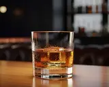 Ett glas med en gyllene dryck, en isbit och kondens på glaset. En perfekt godfather drink på en träyta.