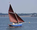 Un voilier bleu avec une voile marron navigue, tel une gazelle des îles, sur une mer calme. Au loin, une côte boisée bordée de maisons.
