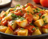 En skål med gyllene, friterade potatisbitar täckta av en kryddig tomatsås och toppade med färska örter. En klassisk rätt med patatas bravas.