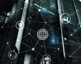Serwerownia z siecią połączeń, symbolizującą globalną komunikację i standardy takie jak ISO 20022.