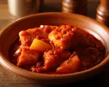 Bacalao a la vizcaína, trozos de pescado blanco en salsa roja con pimientos y cebolla, servido en cuenco de barro.