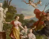 Scène mythologique : l'enlèvement de Proserpine par Pluton, sur fond de paysage champêtre avec des nymphes et des angelots.