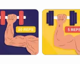 Zwei Arme mit Hanteln. Links: viel Gewicht, wenig Wiederholungen (5 Reps). Rechts: wenig Gewicht, viele Wiederholungen (20 Reps).