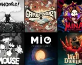 Kolaż okładek gier: Mewgenics, Gambonanza, Mina the Hollower, Mouse, Mio: Memories in Orbit, Well Dweller. Różnorodne gry indie.