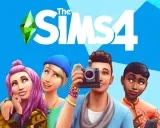 Cztery Simsy na tle logo The Sims 4. Jeden z nich robi zdjęcie aparatem. Chcesz mody na pieniądze The Sims 4?