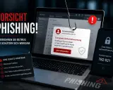 Vorsicht Phishing! Wenn Sie auf einen Betrug reingefallen sind, was tun? Die Grafik zeigt eine Angelrute mit einem Haken, der auf einen Laptop mit einer gefälschten Sicherheitswarnung zielt. Daneben ein Smartphone mit Zwei-Faktor-Authentifizierung.