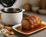 Un délicieux roti de porc cookeo, doré et juteux, baignant dans sa sauce. Ingrédients frais à côté : ail, oignon, carottes, épices.