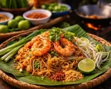 En läcker Pad Thai med räkor, böngroddar, lime och en smakrik pad thai sås. Serveras på bananblad i en korg.