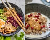 Två skålar med mat rik på fibrer: en poke bowl med tofu, edamame och ägg, samt gröt med lingon och jordnötssmör.