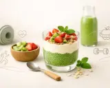 Zdrowe fit desery: pudding chia z owocami, smoothie i akcesoria sportowe. Idealne na regenerację po treningu.