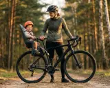 Uśmiechnięte dziecko w kasku siedzi w foteliku rowerowym zamontowanym z tyłu roweru. Mama obok, gotowa na wspólną przejażdżkę po lesie.