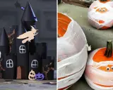 Château noir effrayant et citrouilles momies pour une déco halloween à faire soi-même.