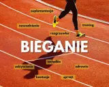 Biegacz na bieżni, który biega na średnim dystansie, otoczony hasłami: suplementacja, nawodnienie, rozgrzewka, trening, odżywianie, technika, zdrowie, kontuzje, sprzęt.