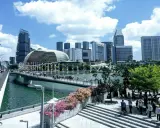 Fakta om Singapore: En bro med flaggor leder mot en futuristisk skyline med Esplanade-teatern.