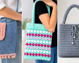 Tres bolsos de ganchillo: uno azul con pompones, otro multicolor y uno gris elegante. Ideas para como hacer bolsos de ganchillo faciles.