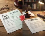 Zwolnienie lekarskie i wypowiedzenie umowy o pracę na biurku. Symbol tarczy sugeruje ochronę lub spór prawny związany z likwidacją stanowiska pracy.