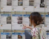 Mujer señalando anuncios de alquiler y venta de inmuebles, buscando opciones para el bono joven alquiler.