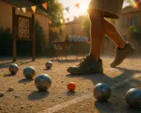 Un joueur s'élance lors d'une compétition de pétanque ensoleillée. Des boules métalliques et une petite cochonnet orange sont dispersés sur le terrain de terre battue.
