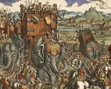Antike Schlacht mit Elefanten und Soldaten. Ein Sieg, der teuer erkauft wurde, wie die vielen Verluste andeuten – ein Pyrrhussieg.
