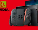 Nintendo Switch z kontrolerami, logo NVIDIA i ekranem. Technologia dynamiczne skalowanie rozdzielczości zapewnia płynną rozgrywkę.