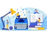 Ilustracja z ludźmi czytającymi i piszącymi przy maszynie do pisania, z literami unoszącymi się w powietrzu.