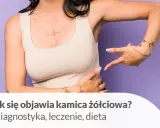 Kobieta wskazuje na brzuch, sugerując problem z kamieniami w woreczku żółciowym.